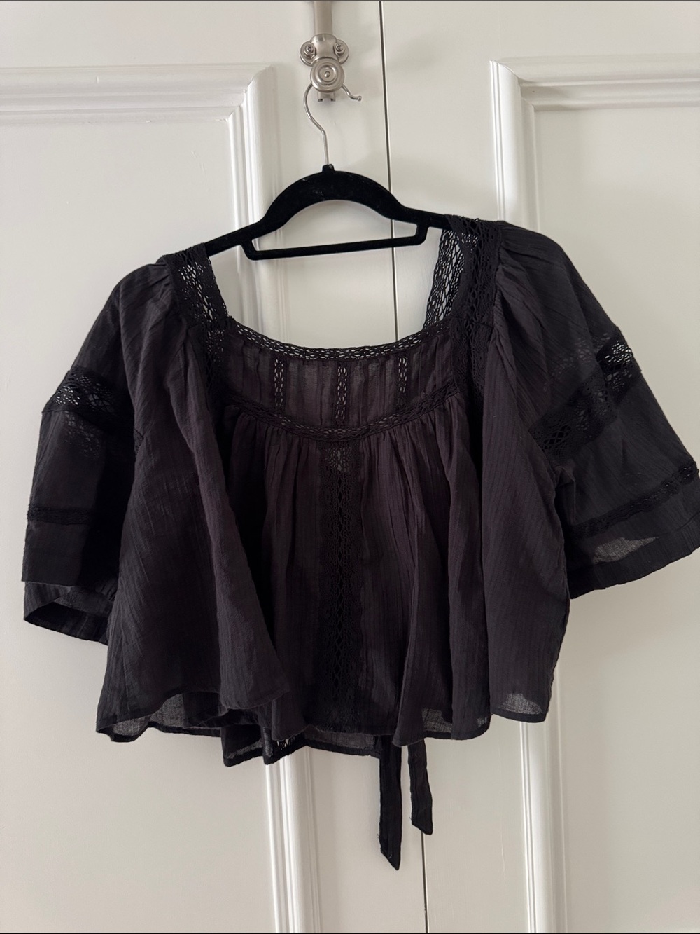 Free People Black Crochet-Trim Cropped Peasant Top